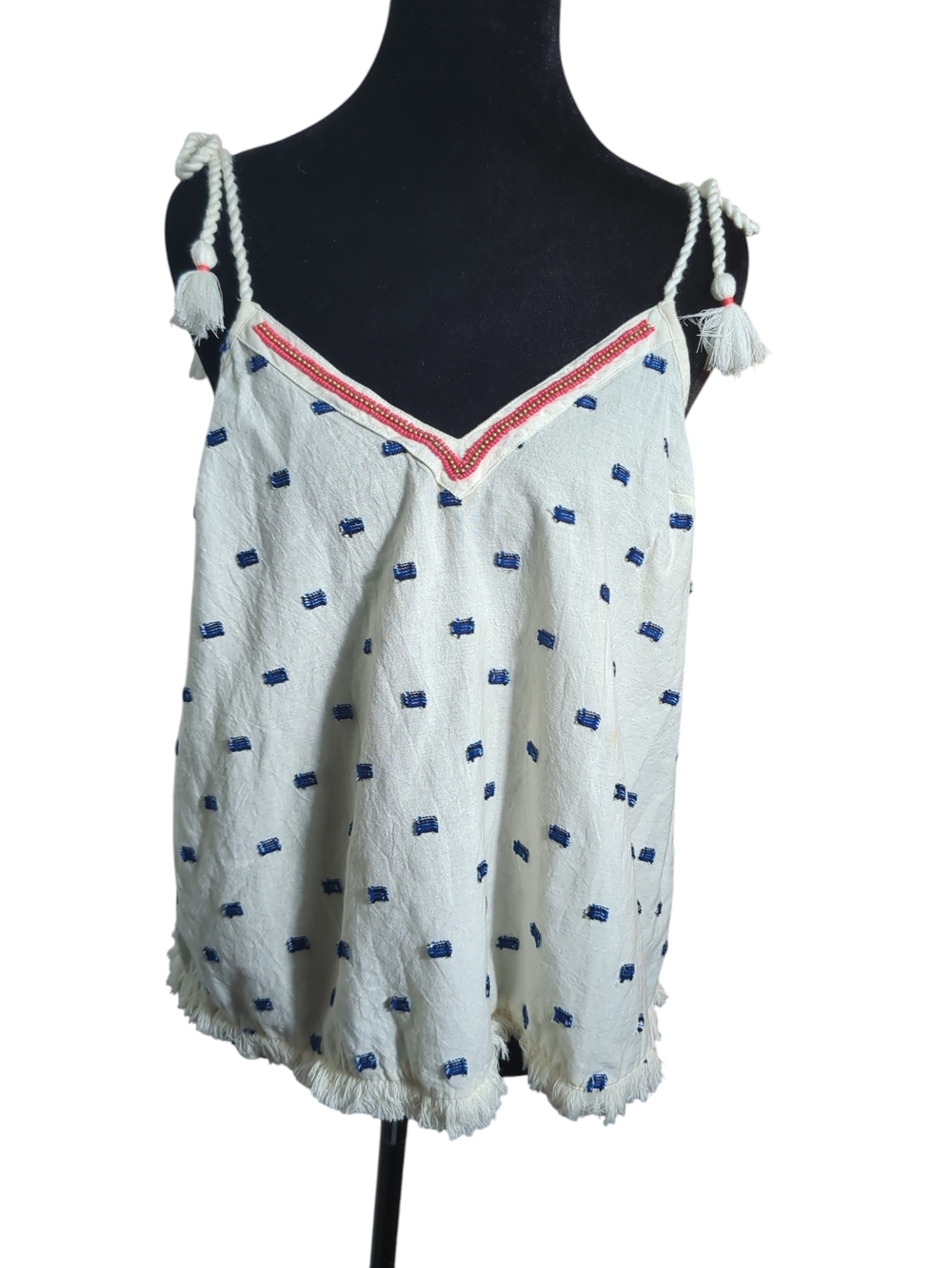 Aerie Boho Tassel Strap Tank Top Embroidered White Blue Size M Coastal Nautical